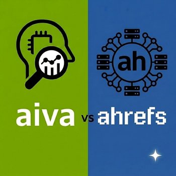B2B Tool-Vergleich: aiva vs. Ahrefs Brand Radar Grafik zum Vergleich von aiva und Ahrefs Brand Radar. Links das aiva-Logo mit Lupe und Kopf-Icon auf grünem Grund, rechts das Ahrefs-Symbol auf blauem Grund.